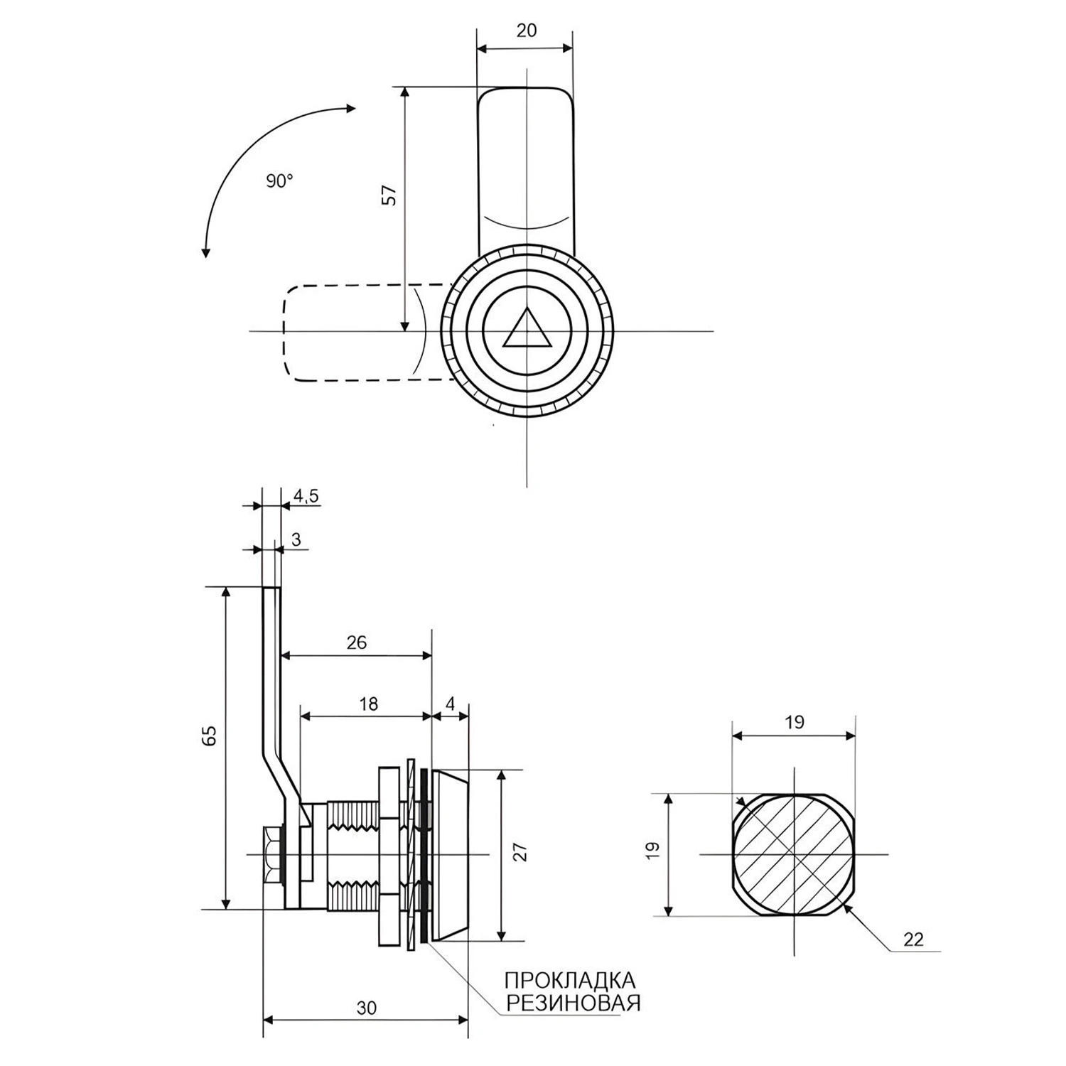 Замок щитовой MS-705-4 LN ригель 65мм, без ключа — артикул 0790 LN — Чертёж Замок мебельный MS-705-4 LN ригель 65мм, без ключа — Чертёж 1