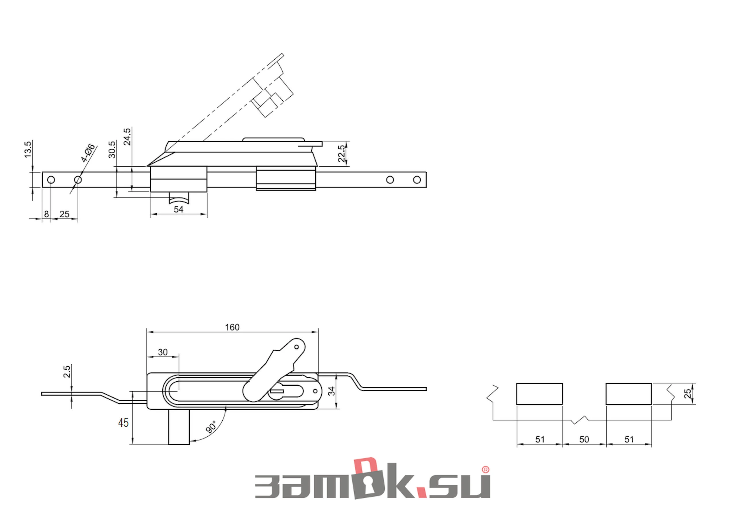 Замок-ручка MS-1848-3KA/P (ригель изогнутый /+8 мм/, треугольный ключ) — артикул 0993 KA/P — Чертёж Замок мебельный MS-1848-3KA/P (ригель изогнутый /+8 мм/, треугольный ключ) — Чертёж 7