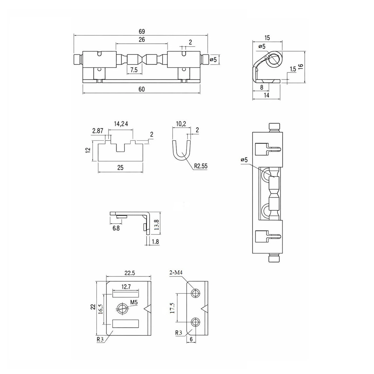 Петля PS002-1SS нержавеющая сталь — артикул AE-1.5 SS — Чертёж Петля PS002-1SS нержавеющая сталь — Чертёж 1