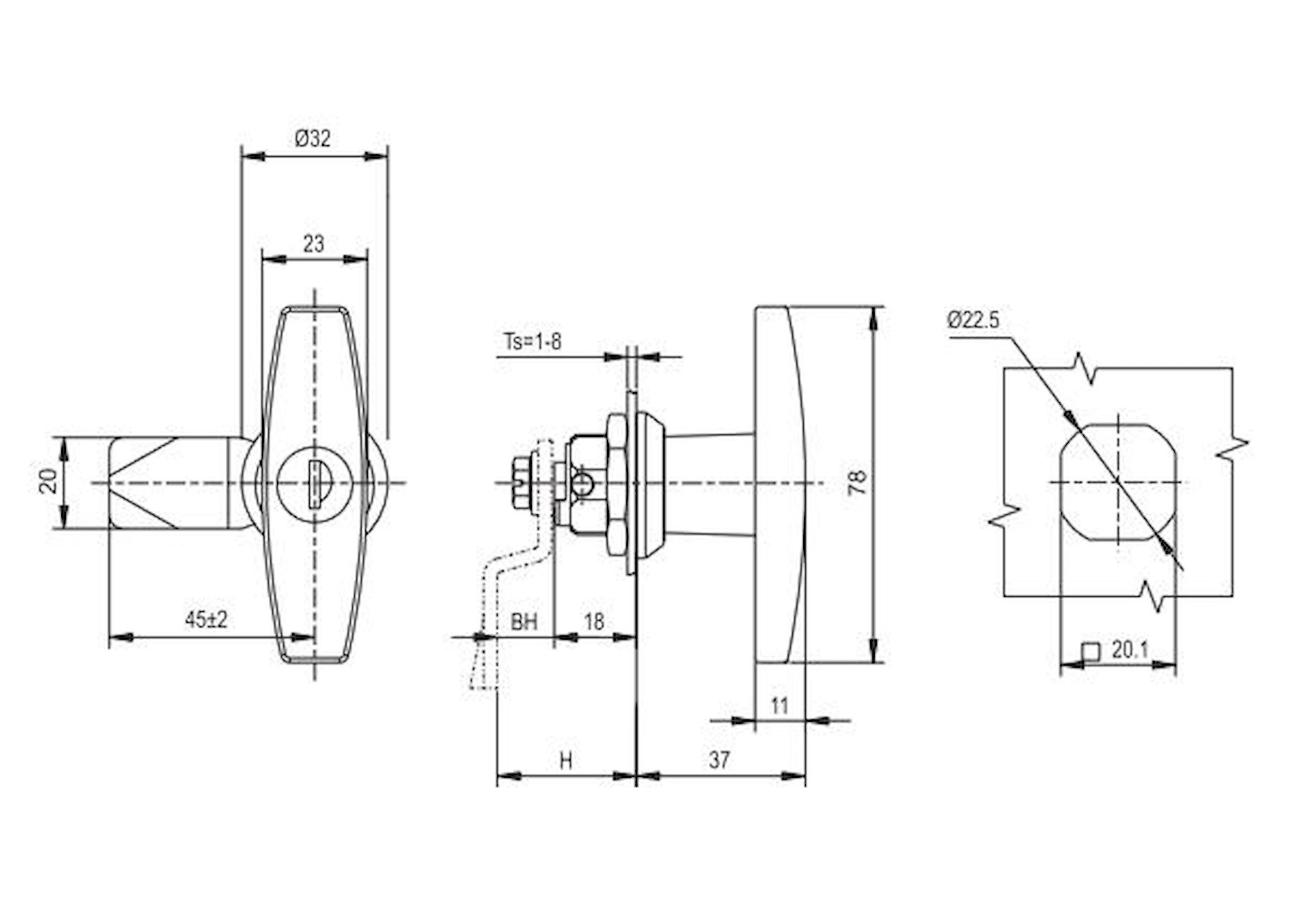 Замок щитовой ручка MS 3020-2 /цв. черный/ H=14 — артикул MS324-1 — Чертёж Замок мебельный ручка MS 3020-2 /цв. черный/ H=14 — Чертёж 1